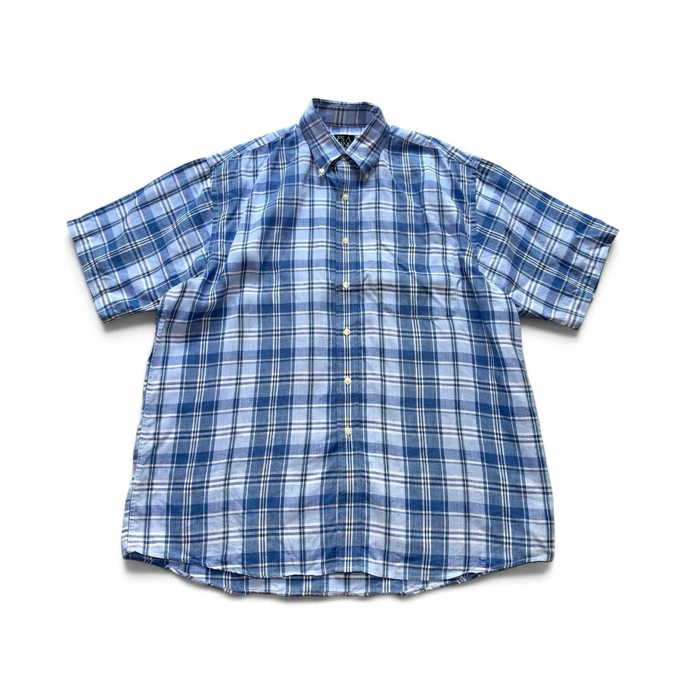 Jos. A. Bank Traveler's Collection Men's L Blue Plaid Linen Button-Down Shirt